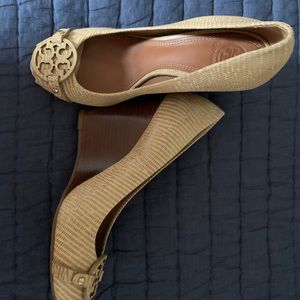 Tory Burch snake skin, peep-toe wedge. Excellent condition, hardly worn.